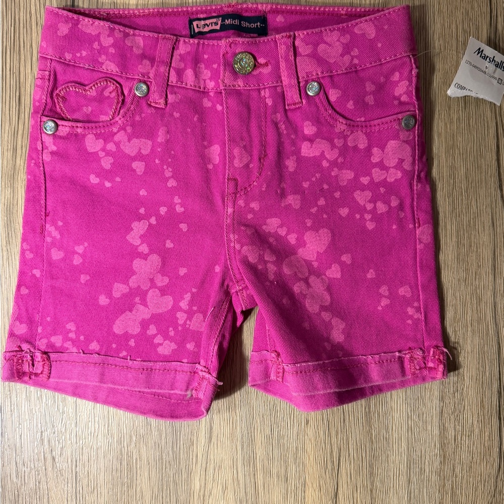 Levi’s Girls Midi Shorts Size 5 Pink Heart Pocket Denim Adjustable Waist